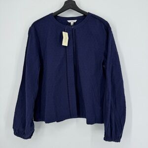 Bean Signature Womens L REG Darkest Navy Swiss Dot Button Front Blouse Top